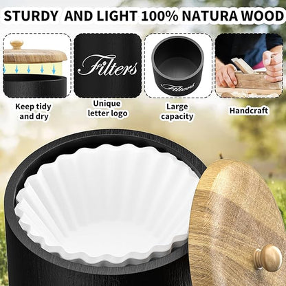 Wooden Coffee Filter Holder with Lid, Basket Storage Container for Counter, Black Small Bar Accessories for Coffee Bar Station(Black Wooden)