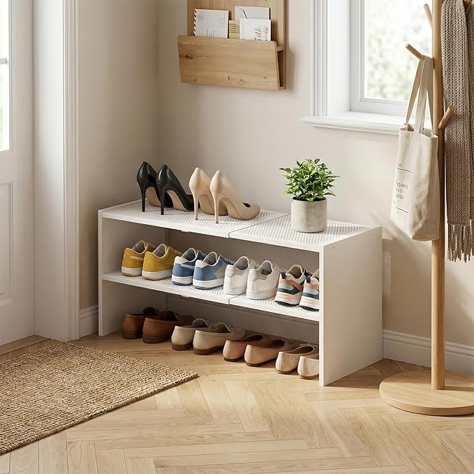 YATINEY Expandable Shoe Rack, 2-Tier Adjustable Entryway Shoe Organizer, Stackable Closet Shoe Rack for Small Space, Compact Shoe Shelf Storage for Garage Holds Up to 12 Pairs, White SS03WW