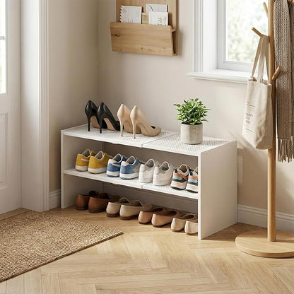 YATINEY Expandable Shoe Rack, 2-Tier Adjustable Entryway Shoe Organizer, Stackable Closet Shoe Rack for Small Space, Compact Shoe Shelf Storage for Garage Holds Up to 12 Pairs, White SS03WW