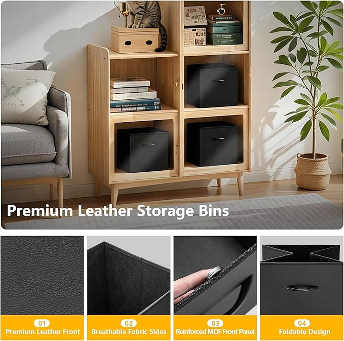 WUIKE 11-Inch Black Storage Cube Bins, Leather Front Cubby Organizer Baskets with Handles, Collapsible Storage Bins for Shelves and Closet, 4-Pack
