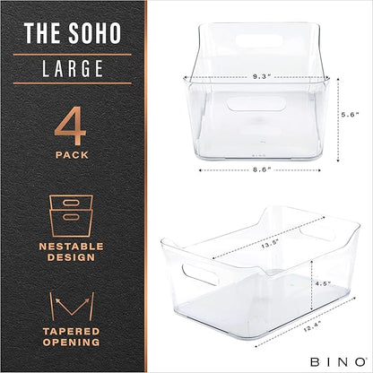 BINO | Plastic Organizer Bins, Large - 4 Pack | The SOHO Collection | Multi-Use | Pantry & Freezer Organizer Bins | Plastic Storage Containers for Home & Kitchen Org