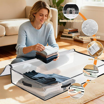 4 Pack Under Bed Storage Bags, 90L Foldable Clear Storage Containers with Handles, Dual Zippers for Comforter, Clothes, Bedding, Linen Sheets, Sweaters, Blanket Storage