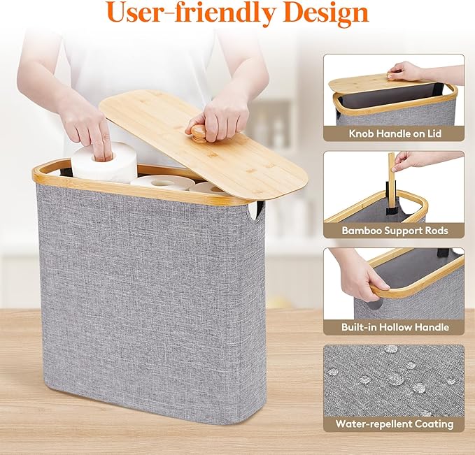 Lifewit Toilet Paper Storage Holder for 12 to 16 Rolls, Free Standing Toilet Paper Basket Stand with Bamboo Lid, Collapsible Fabric Bathroom Organizer Box for Mega Rolls, 30L, Extra Large, Light Gray