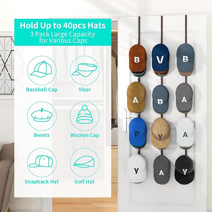 HapiRm Over Door Hat Rack - 3 Packs Hat Organizer with 12 Hooks Design, Hanging Baseball Cap Organizer Storage Holds Up to 60 Caps for Door, Bedroom, Closet (Brown)