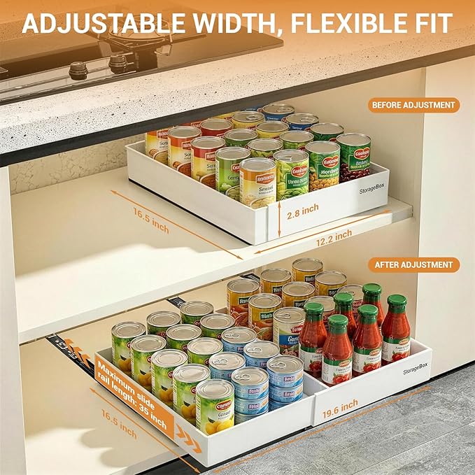 Adjustable Can Organizer for Pantry, Pull-Out Pantry Organizers and Storage, Soda Can Organizer - Great for Pantry, Kitchen Cabinet & Countertop (16.5" L x 12.2" W x 2.8" H (Adjustable Width))