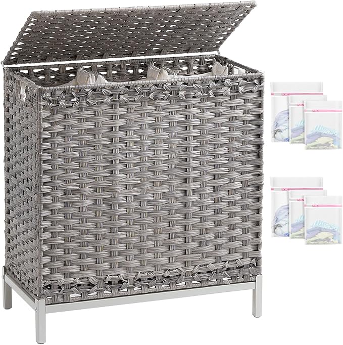 SETVSON Laundry Hamper with Lid 132 L, (35 Gallons) Clothes Hamper with Lid, Handwoven Rattan Laundry Hamper with Metal Heightened Feet, Laundry Hampers with 3 Removable Liner Bags for Laundry-Gray