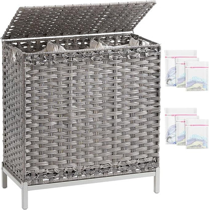 SETVSON Laundry Hamper with Lid 132 L, (35 Gallons) Clothes Hamper with Lid, Handwoven Rattan Laundry Hamper with Metal Heightened Feet, Laundry Hampers with 3 Removable Liner Bags for Laundry-Gray