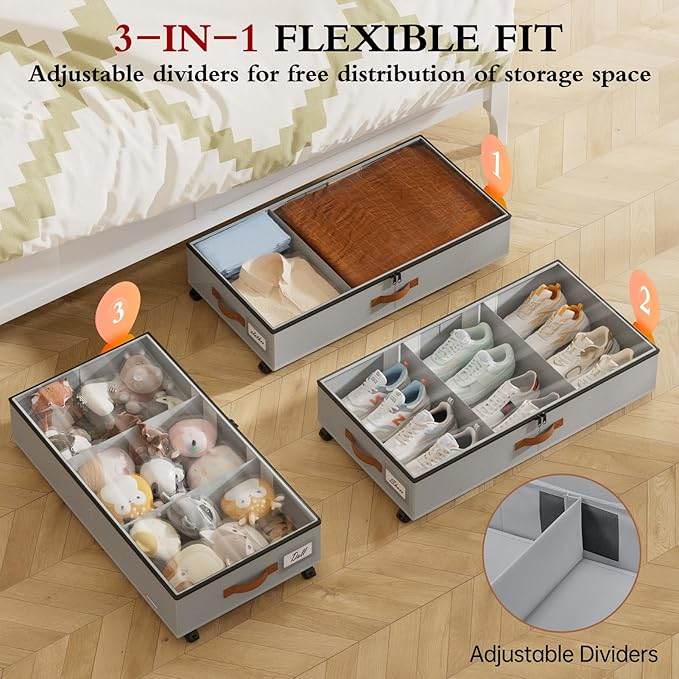 Yecaye Under Bed Storage with Wheels, 2 Pack Under Bed Storage Containers with Adjustable Dividers & Clear Window, Rolling Underbed Organizer Bins Drawers for Clothes, Shoes, Blankets, Grey