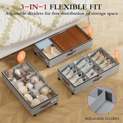 Yecaye Under Bed Storage with Wheels, 2 Pack Under Bed Storage Containers with Adjustable Dividers & Clear Window, Rolling Underbed Organizer Bins Drawers for Clothes, Shoes, Blankets, Grey