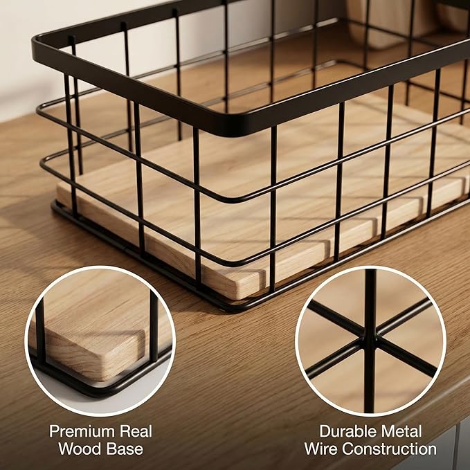2-Pack Coffee Pod Holder Basket with Wood Base - Modern Rustic Coffee Pods Organizer for Coffee Station & Bar, High-Capacity Wire Capsule Storage for Kitchen Countertop Office