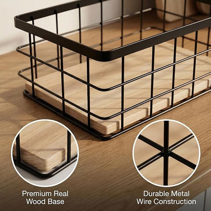 2-Pack Coffee Pod Holder Basket with Wood Base - Modern Rustic Coffee Pods Organizer for Coffee Station & Bar, High-Capacity Wire Capsule Storage for Kitchen Countertop Office