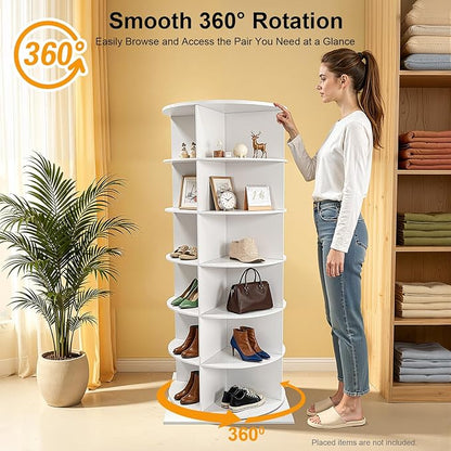 360° Rotating Shoe Rack Tower - Spinning Shoe Organizer for Entryway, Free Standing Lazy Susan Shoe Rack (6 Tiers 23.62 * 23.62 * 56.2in White)