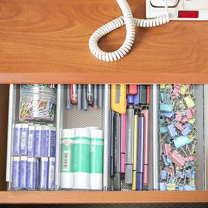 2PCS Drawer Organizer, Mesh Drawer Organizer with Interlocking Arm for Utensil, Cosmetic, Flatware, Pen (9 * 3 * 2 Inches, Grey)