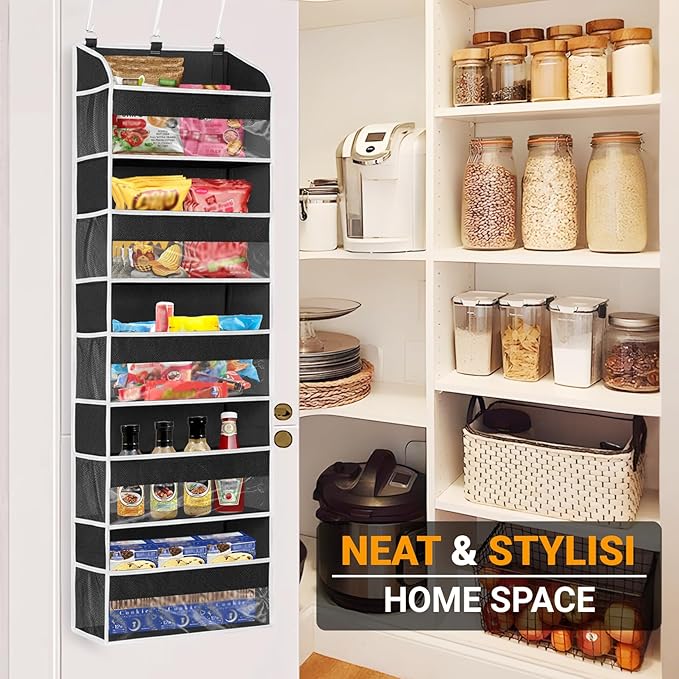 Over The Door Organizer-5 Layers Large Pockets, Heavy Duty Door Organizer Hanging Storage, 10 Mesh Side Pockets & Clear Window for Bedroom, Bathroom,Kitchen,Nursery, Pantry,Dorm Holds Shoes(Black)