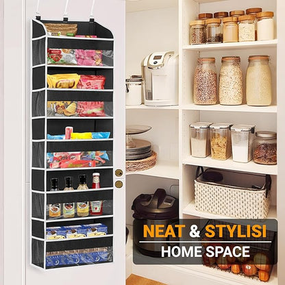 Over The Door Organizer-5 Layers Large Pockets, Heavy Duty Door Organizer Hanging Storage, 10 Mesh Side Pockets & Clear Window for Bedroom, Bathroom,Kitchen,Nursery, Pantry,Dorm Holds Shoes(Black)
