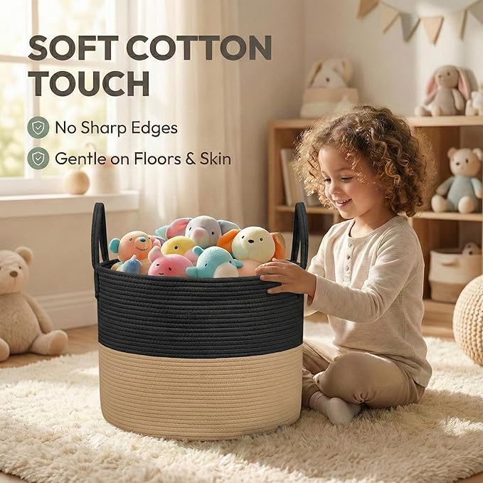 JMvicyroam 115L Extra Large Blanket Basket for Living Room - Woven Cotton Rope Laundry Hamper with Reinforced Handles - Storage Bin for Pillows, Comforters & Toys - Machine Washable,Black&Jute
