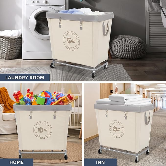 STORAGE MANIAC Commercial Laundry Hamper with Heavy Duty Steel Frame, 320 L Industrial Laundry Basket Cart with Wheels for Hotel, Home, Laundry Room, 31.7''L x 19.3''W x 30.91''H, Large Beige