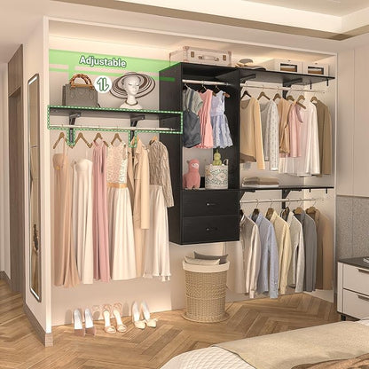 96 Hanging Closet System with 2 Wooden Drawers, 75"–87" Height Adjustable Closet Organizer System with Tower, 4-8FT Custom Closet Shelving System, Wall-Mounted Walk-In Closets Wardrobe, Black