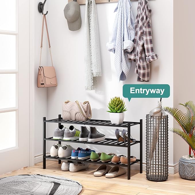 viewcare 3-Tier Long Black Shoe Rack, Bamboo Wood Shoe Rack for Closet, Entryway & Hallway, Stackable | Functional | Sturdy