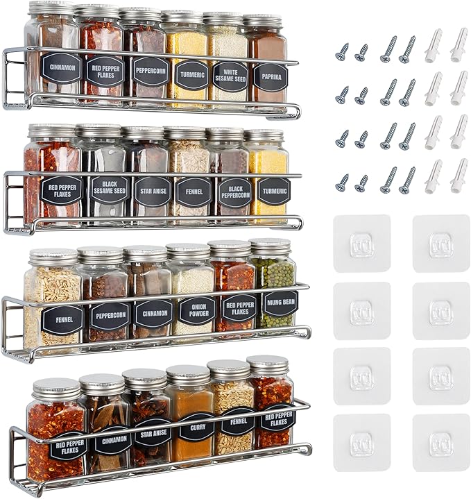 Ultimate Hostess Spice Rack Wall Mounted 4 Tier – Space-Saving Kitchen Spice Organizer for Seasonings – Screw or Adhesive Hanging – Wall Mount Hanging Spice Rack for Wall, Cabinet, Pantry Door