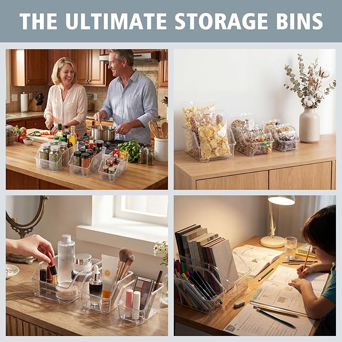 LemonRoad 6 Packs Pantry Organizers and Storage Freezer Clear Organizer Bins with Handle Acrylic Organization Bins Stackable Open Front Storage Vegetable Egg Salad Containers for Kitchen Cabinet