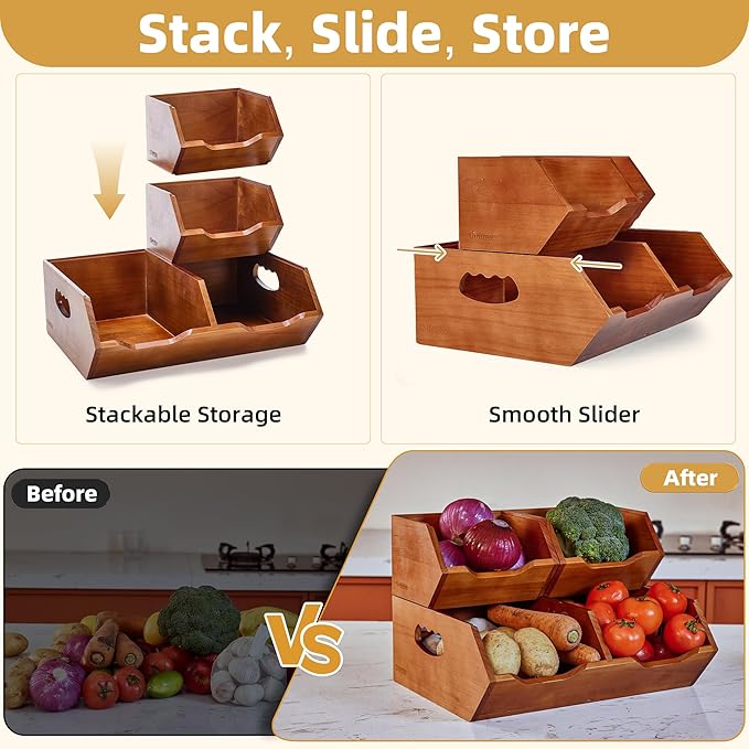 HYPIGO Wood Pantry Storage Baskets, Stackable Large Capacity Potato and Onion Storage Bins, Kitchen Pantry Organizers for Vegetables, Bread, Spices (Set of 3)