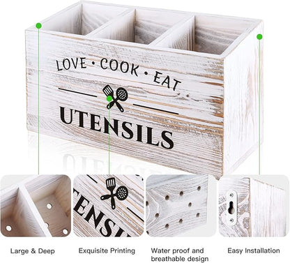 MINCORD Wood Kitchen Utensil Caddy with 3 Compartments, Rustic Farmhouse Style, Ideal for Storage and Organization, White