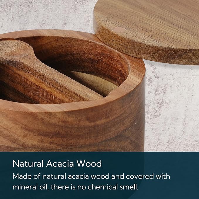KITCHENDAO Acacia Wood Salt and Pepper Bowl Box, Built-in Spoon, Two Compartments Spice Seasoning Container, Sea Salt Cellar Holder, Magnetic Swivel Lid, Dual 5oz Capacity