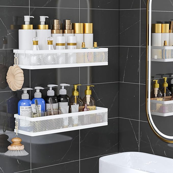 PUSDON 5-in-1 16.5" Extra Long Slim Wall Mount Wrapped Mesh Kitchen Organizer & Shower Caddy Kit, with Paper Towel Holder, Utensil Holder, Soap Dish, Holds 50LBS - White, Netting