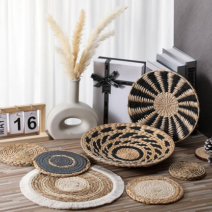 CroBlissful 7 Pcs Boho Wall Basket Decor Hanging Handcrafted Seagrass Woven Round Bohemian Basket Wall Decoration Art for Farmhouse Home Room Rustic Decorations Table, Multi Sizes(Classic)
