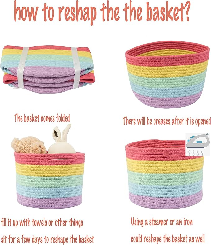 XUANGUO Woven Cotton Rope Storage Baskets - 3-Pack Round Bins for (10x10x7'') Shelves, Closets & Bookcases | Durable Rope Organizers for Nursery, Baby, Gifts, Easter & More (rainbow)