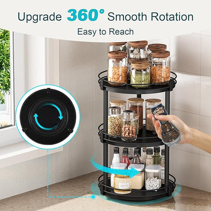 Snughome Lazy Susan Organizer, 3 Tier Rotating Spice Rack for Countertop, Turntable Lazy Susan Kitchen Countertop Organizer, 10.2" x 10.2" x 18.5", Black