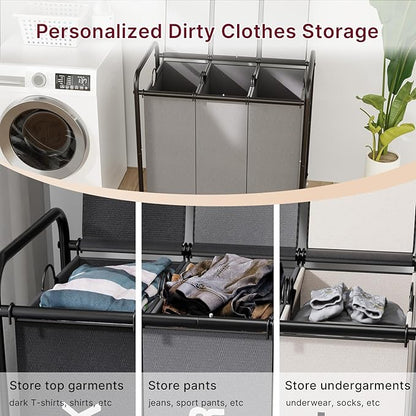 180L Laundry Sorter 3 Section – Heavy Duty Rolling Laundry Basket with Lockable Wheels and Lid, 3 Large Separate Removable Bags, Laundry Hamper Cart for Laundry Room Organizer (Grey)