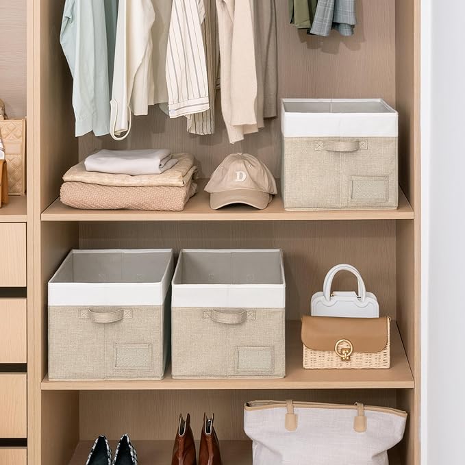 GRANNY SAYS Closet Storage Bins, Large Fabric Storage Bins, Collapsible Clothing Storage and Organization, Decorative Storage Bins, Khaki&Ivory, Large, 3-Pack