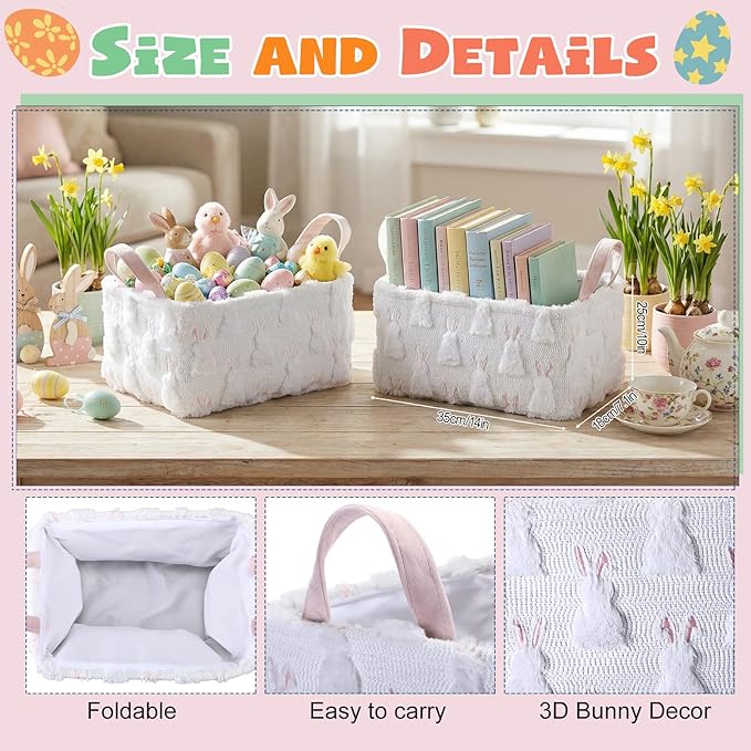 2 Pcs Rabbit Storage Baskets 14x10 Inch Cute Bunny Gift Basket Spring Laundry Foldable Fluffy Plush Storage Bin with Handle Decorative Closet Organizer for Home Office Car Countertop Tabletop