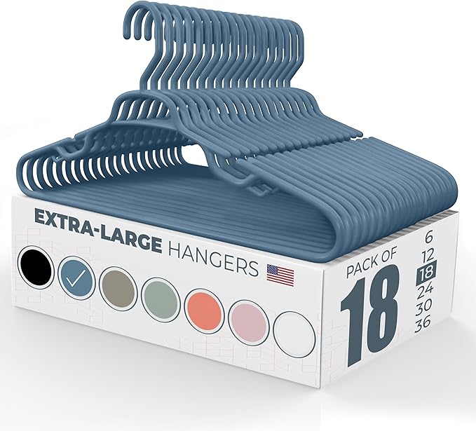 Large & Wide Heavy Duty Clothes Hangers 18 Pack – Made in USA – Ideal for Plus Size Clothing – 10lb Plastic Hangers with Notches for Oversized Adult Coats & Pants – Blue