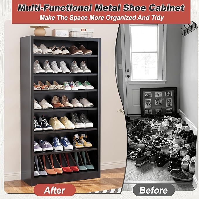 Tall Shoe Cabinet, 7 Tiers 30-35 Pairs Heavy Duty Metal Freestanding Shoe Rack, Vertical Shoe Storage Organizer with Adjustable Shelves, Shoe Shelf for Entryway, Bedroom (Black, 55" H)