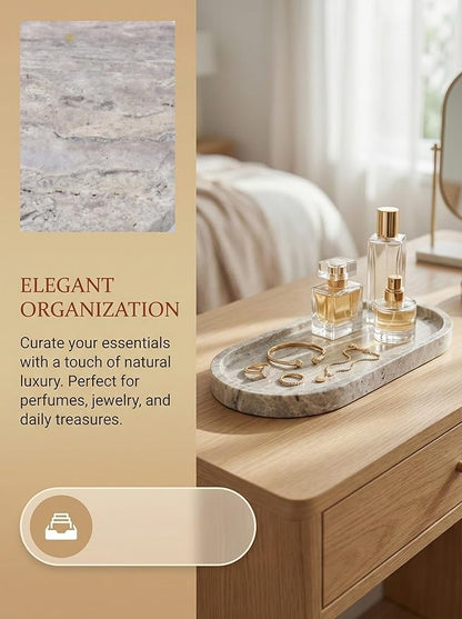 OOBOOB Oval Natural Marble Tray,Elegant Vanity Organizer for Jewelry, Perfume, Decorative Serving Tray for Coffee, Tea, or Dining Table Centerpiece,Countertop Storage Organizer for Home Bathroom