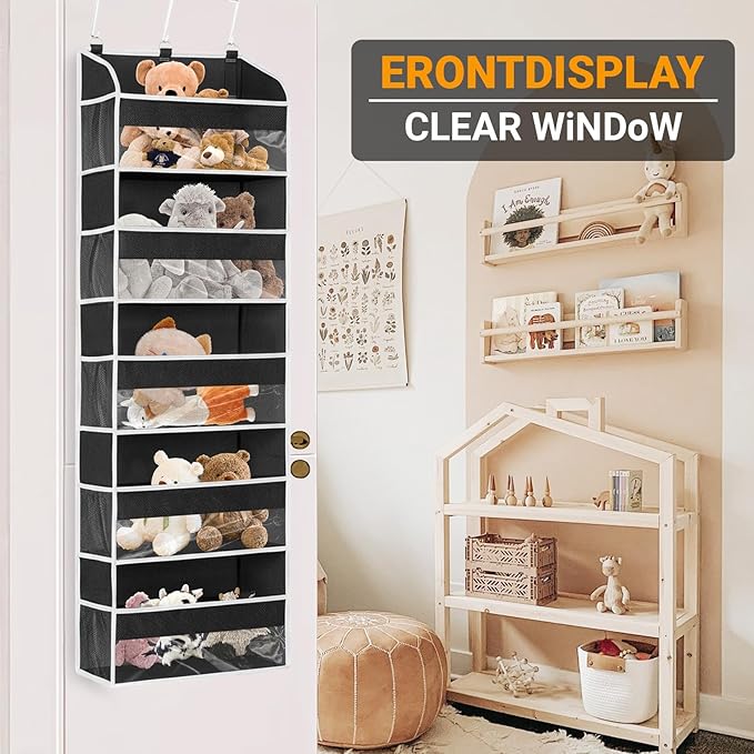 Over The Door Organizer-5 Layers Large Pockets, Heavy Duty Door Organizer Hanging Storage, 10 Mesh Side Pockets & Clear Window for Bedroom, Bathroom,Kitchen,Nursery, Pantry,Dorm Holds Shoes(Black)
