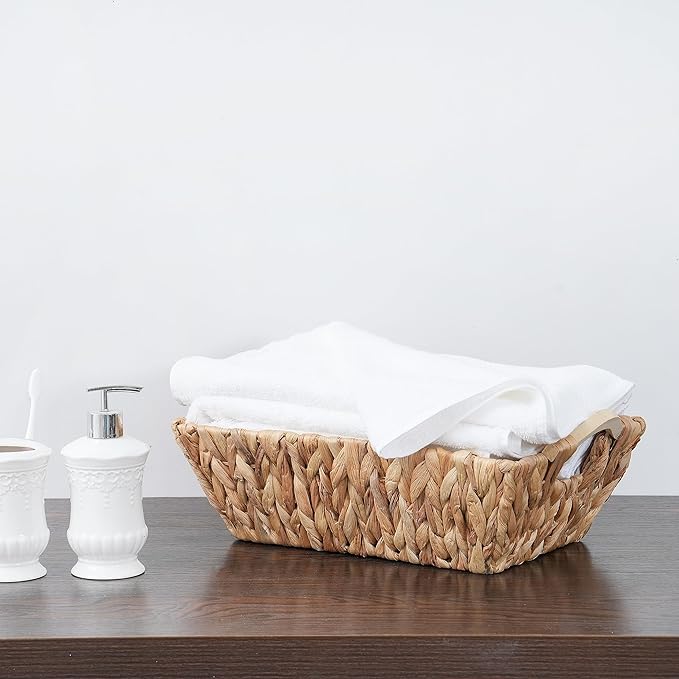 Handcrafted Water Hyacinth Basket with Wooden Handles, Wicker Shelf Basket for Storage and Organizing, Rectangular, 1 Pack, Large Size