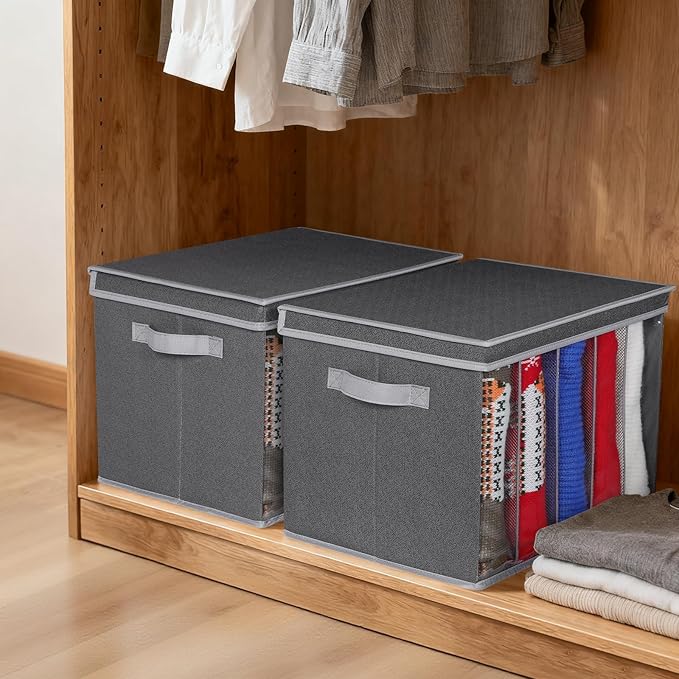 Zilink Upgraded Sweater Organizer for Shelf with Lids and Support Boards Clothes Organizer for Closet with 5 Grids Divider Sweater Storage Bins for Sweaters, Jeans, Pants, Black Pattern, 3 Pack