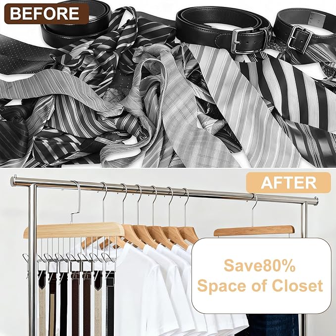 2 Pack Belt Hanger for Closet, Wooden Tie Racks Hangers with Upgraded 360° Rotating, Space-Saving Belt Organizer with 8 Hooks, Closet Storage for Tank Top, Bra, Scarf, Hat