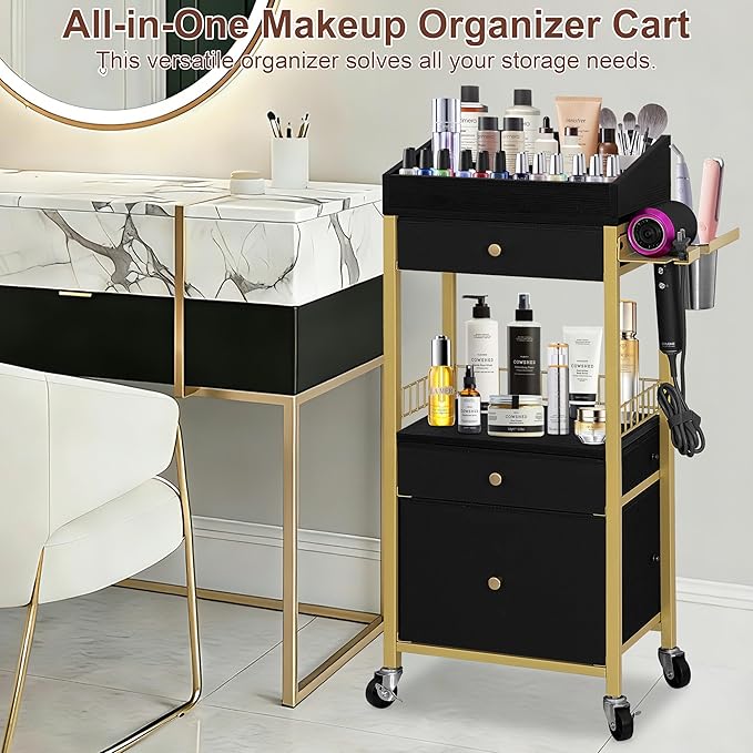 Makeup Organizer Cart with 3 Drawers, Rolling Vanity Organizer with Detachable Hair Tool Holder & Wheels, Floor Makeup Storage Cart for Skincare, Perfume, Nail Polish, Gold & Black