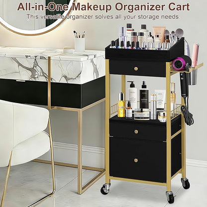 Makeup Organizer Cart with 3 Drawers, Rolling Vanity Organizer with Detachable Hair Tool Holder & Wheels, Floor Makeup Storage Cart for Skincare, Perfume, Nail Polish, Gold & Black