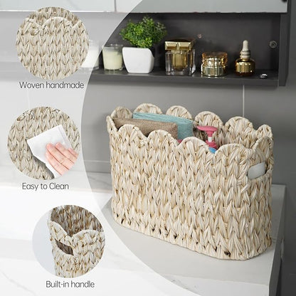 Coeusy Toilet Paper Storage Basket,Boho Decorative Scalloped Baskets,Coastal Bathroom Decor,Hand-Woven Plastic Wicker Bathroom Accessories Organizer
