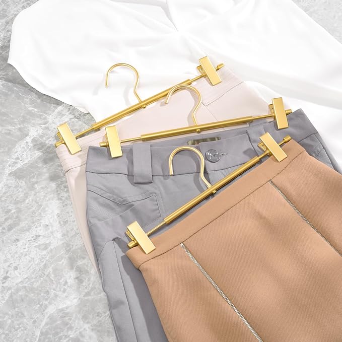 Amber Home 10 Pack Matte Gold Aluminum Pants Hangers, 12.2” Extra Smooth Metal Skirt Hangers with 2 Adjustable Non-Slip Clips, Light & Sturdy Metal Hangers for Shorts, Trousers & Slacks