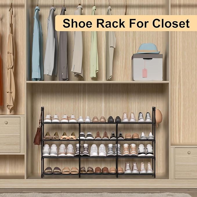 3 Row 4 Tier Long Shoe Rack, Black Metal Stackable Shoe Shelf with Multifunctional Hooks, Shoe Storage Hold 24-30 Pairs, Space Saving Shoe Organizer for Closet,Wide Shoe Rack