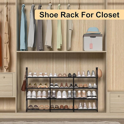 3 Row 4 Tier Long Shoe Rack, Black Metal Stackable Shoe Shelf with Multifunctional Hooks, Shoe Storage Hold 24-30 Pairs, Space Saving Shoe Organizer for Closet,Wide Shoe Rack