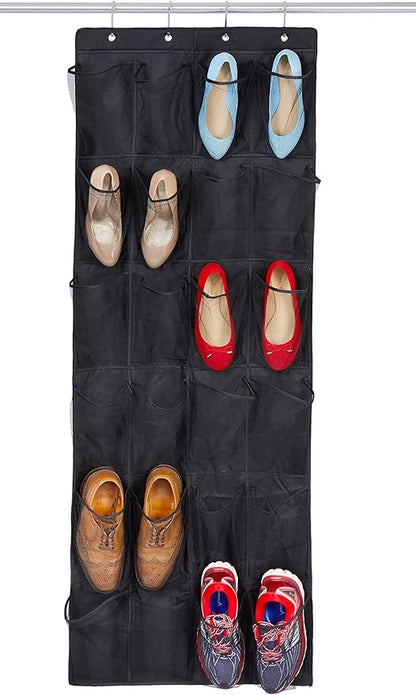 Shoe Organizer, Over The Door Hanging Closet Rack | 24 Large Mesh Pockets Fit Up To Size 14 | Strong Metal Hooks | Sturdy Black Fabric Holder| Perfect Storage For Trainers, Boots, Sandals