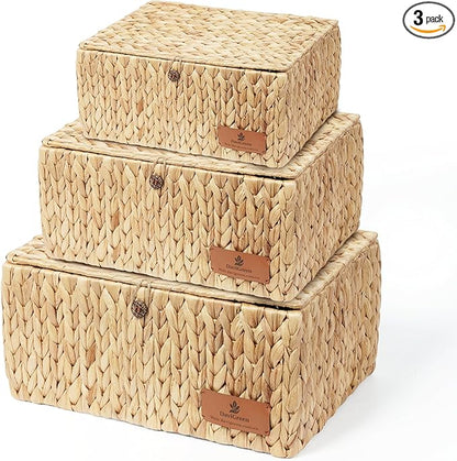 Storage Baskets with Lids, Set of 3 Wicker Baskets with Lids, Water Hyacinth Storage Basket with Lid, Decorative Woven Storage Baskets for Closet, Shelf & Home Organization